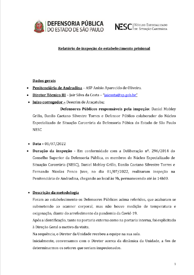 Relatório de Inspeção, relativo a Penitenciária de Andradina inspeção datada de 01/07/2022