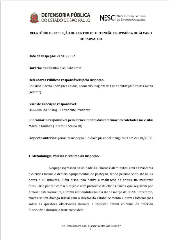Relatório de Inspeção do CDP de Álvaro de Carvalho datado de 21/01/2022