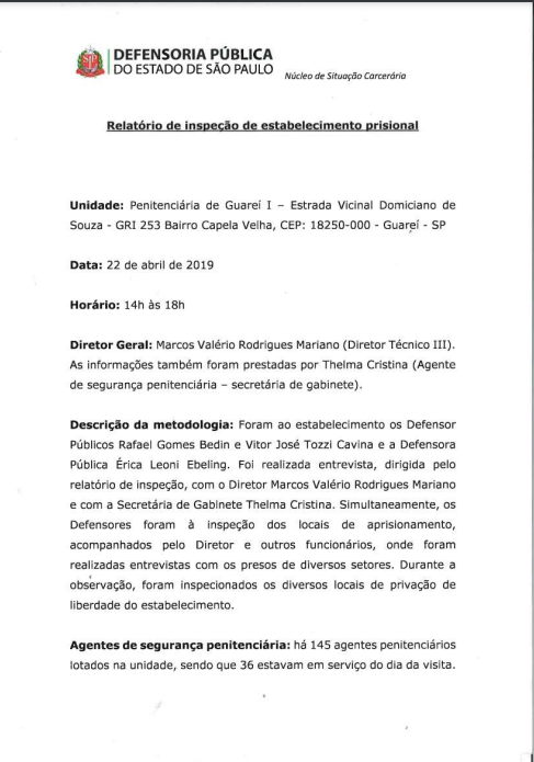 Relatório de Inspeção do Penitenciária de Guareí I - datado de 22/04/2019 