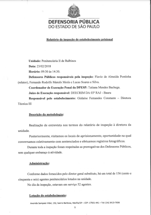 Relatório de Inspeção do Penitenciária de Balbinos II - datado de 23/02/2018 
