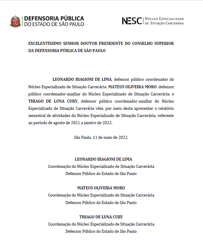 Relatório Semestral do Núcleo Especializado de Situação Carcerária - Período de Agosto de 2021 a Janeiro de 2022