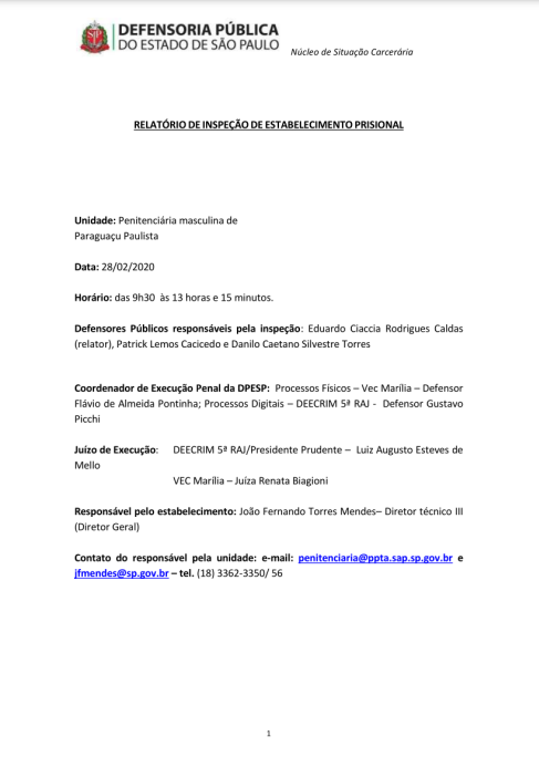 Relatório de Inspeção da Penitenciária de Paraguaçu Paulista  - datado de 28/02/2020 