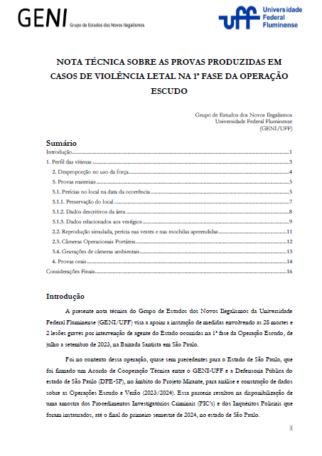 NOTA TÉCNICA SOBRE AS PROVAS PRODUZIDAS EM CASOS DE VIOLÊNCIA LETAL NA 1ª FASE DA OPERAÇÃO ESCUDO