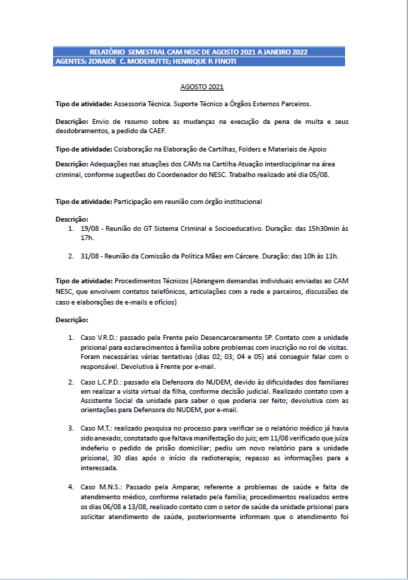 Relatório Semestral do CAM do Núcleo Especializado de Situação carcerária - Período de Agosto de 2021 a Janeiro de 2022 