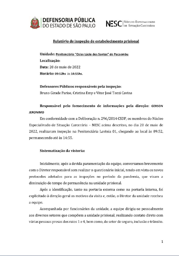 Relatório de Inspeção - Penitenciária de Pacaembu - 20/05/2022