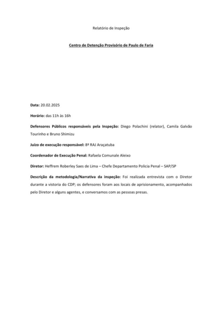 Documento oficial da Defensoria Pública de SP, datado de 20/2/2025, com Relatório de Inspeção do Centro de Detenção Provisória de Paulo de Faria.