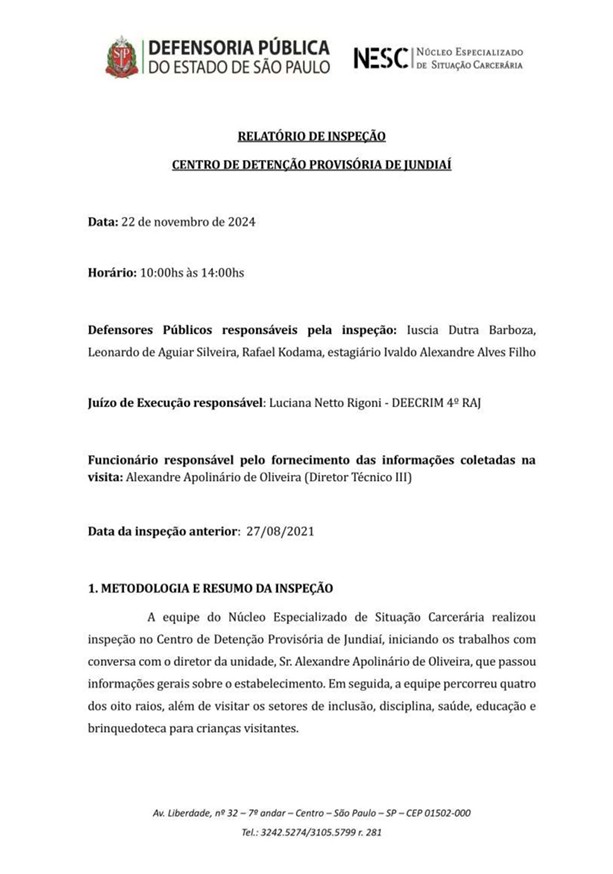 Capa do relatório de inspeção no Centro de Detenção Provisória de Jundiaí datado de 22/11/2024