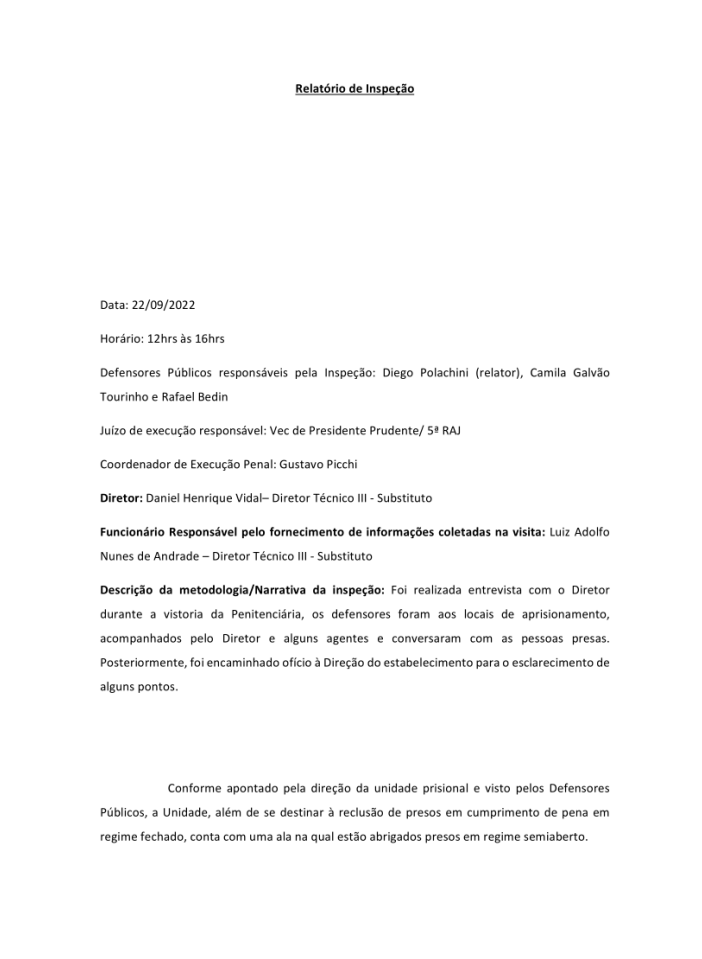 Capa do relatório de inspeção da Penitenciária de Pracinha, tarjado, datado de 22/09/2022