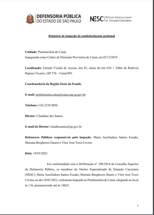 Relatório de Inspeção - Penitenciária de Caiuá - 18/03/2022