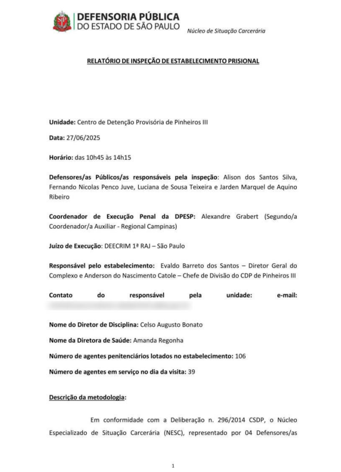 Capa do relatório de inspeção do Centro de Detenção Provisória de Pinheiros III, tarjado, datado de  27/06/2025