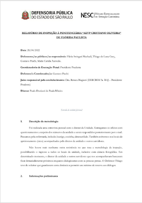 Relatório de Inspeção - Penitenciária de Flórida Paulista - 28/04/2022