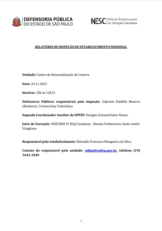 Relatório de Inspeção do Centro de Ressocialização de Limeira - Inspeção dia 24/11/2021