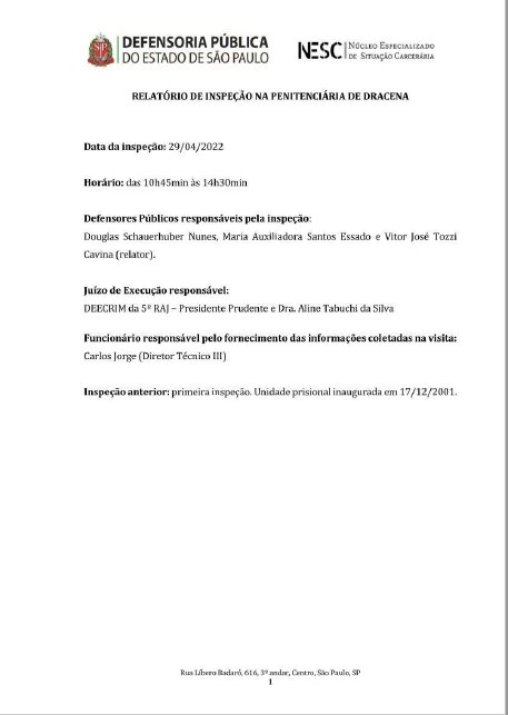 Relatório de Inspeção da Penitenciária de Dracena 29-04-2022