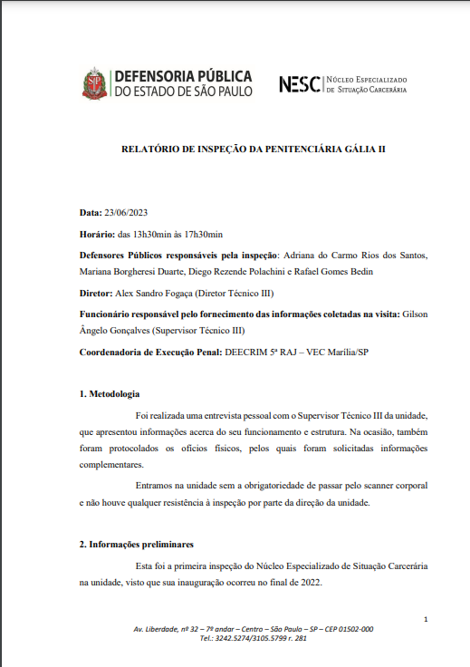 Relatório de Inspeção - Penitenciária de Gália II - Datado de 23/06/2023