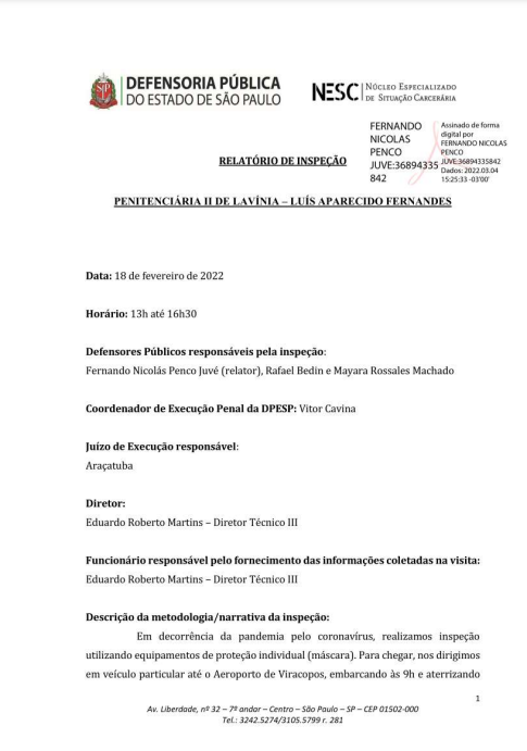 Relatório de Inspeção da Penitenciária de Lavínia II  - datado de 18/02/2022