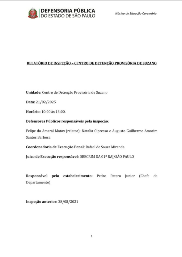 Capa de relatório de inspeção da Defensoria Pública de SP, referente ao Centro de Detenção Provisória de Suzano, datado do dia 21/2/2025, com equipe responsável. 