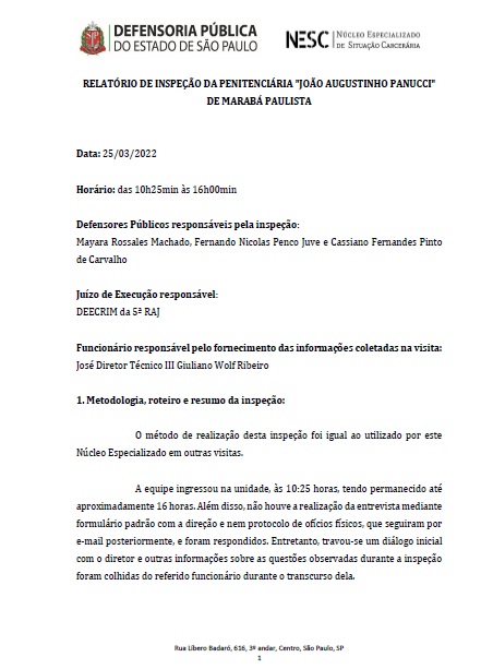 Relatório de Inspeção relativo a Penitenciária de Marabá Paulista 