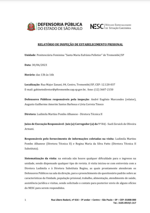 Relatório de Inspeção, relativo a Penitenciária Feminina de Tremembé I, de 30/06/2023