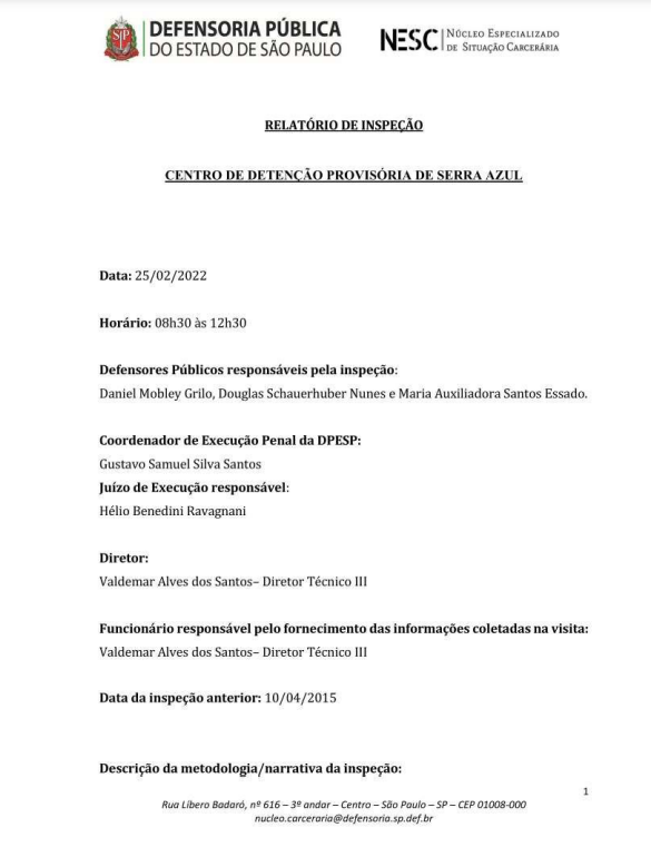 Relatório de Inspeção do Centro de Detenção Provisória de Serra Azul - 25/02/2022