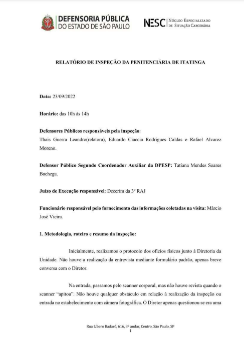  Relatório de Inspeção da Penitenciária de Itatinga  - datado de 23/09/2022