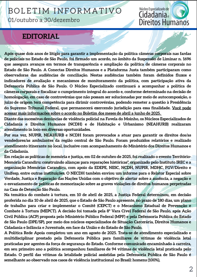 Capa do Boletim Informativo NCDH referente aos meses de Outubro/Dezembro 2025, com editorial. 
