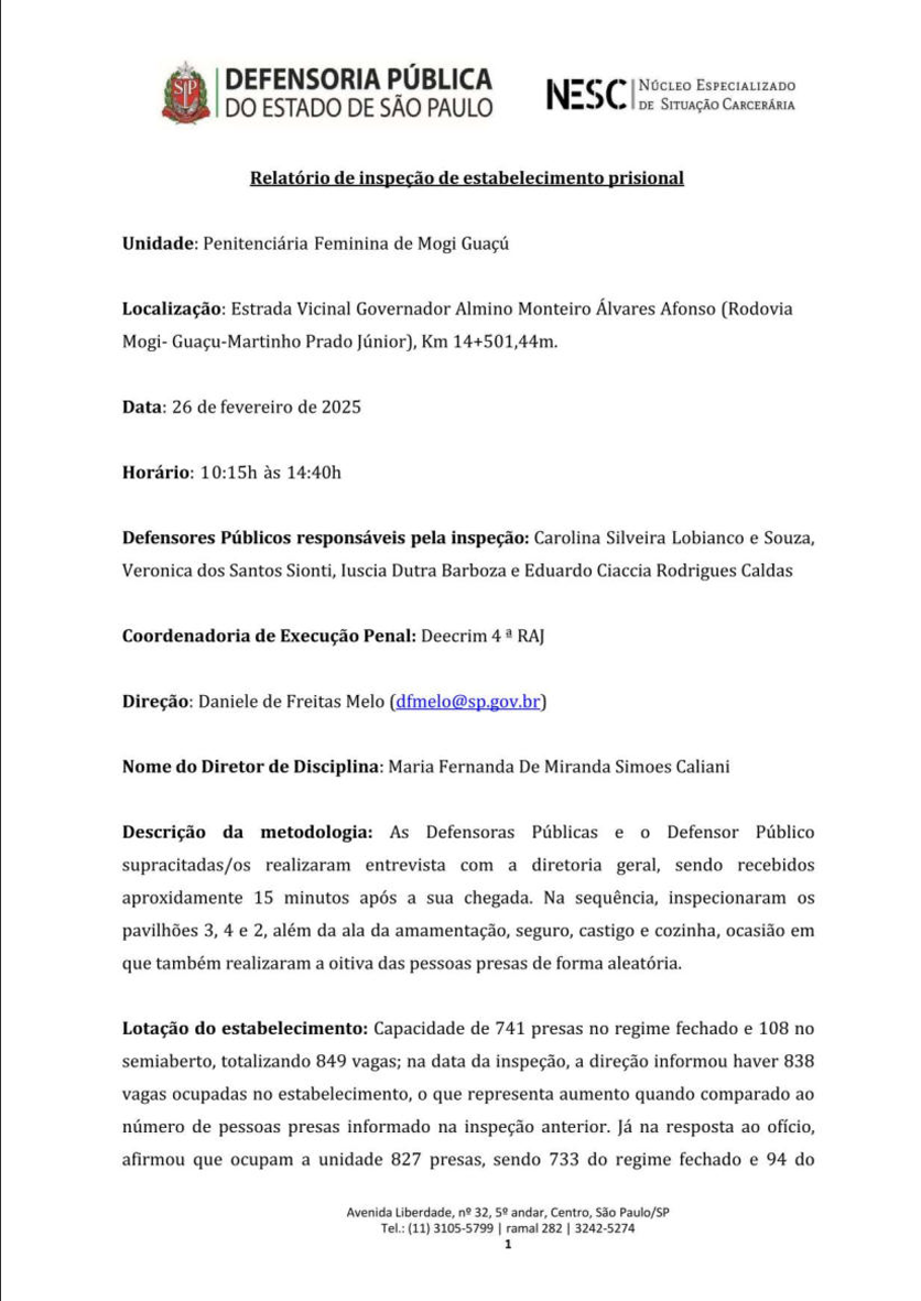 Relatório de Inspeção - Penitenciária Feminina de Mogi Guaçu - 26/02/2025