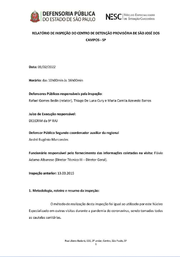 Relatório Tarjado do Centro de Detenção Provisória de São José dos Campos - Inspeção realizada no dia 01/02/2022