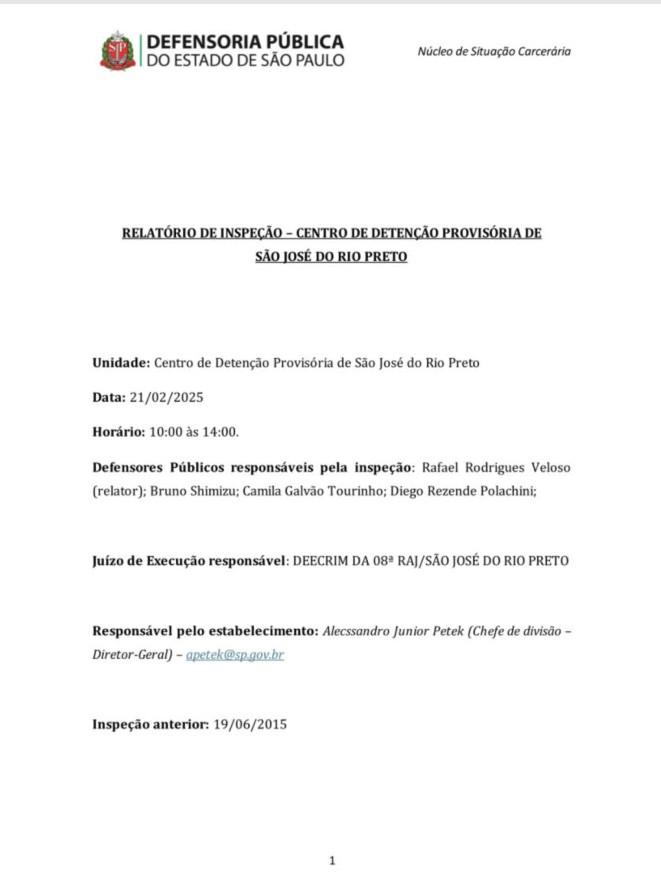 Relatório de Inspeção - Centro de Detenção Provisória de São José do Rio Preto - 21/02/2025