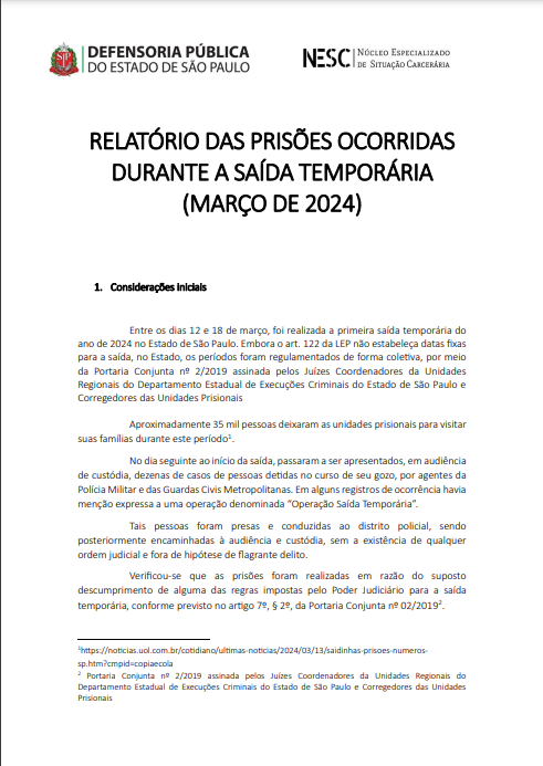 RELATÓRIO DAS PRISÕES OCORRIDAS DURANTE A SAÍDA TEMPORÁRIA (MARÇO DE 2024).