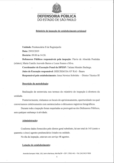 Relatório de Inspeção do Penitenciária de Reginópolis II - datado de 29/03/2019