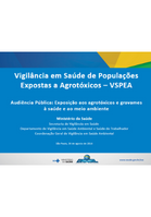 Capa com as cores do Brasil, mas com o azul predominando. Título Vigilância em Saúde de Populações Expostas a Agrotóxicos – VSPEA​. Logos do SUS e Ministério da Saúde