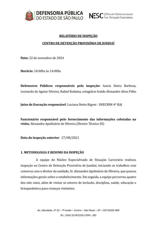 Capa do relatório de inspeção do Centro de Detenção Provisória de Jundiaí em 22/11/2024, sem imagem.