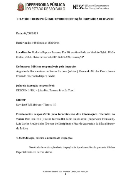 Relatório de Inspeção Centro de Detenção Provisória de Osasco I - 04/08/2023. 