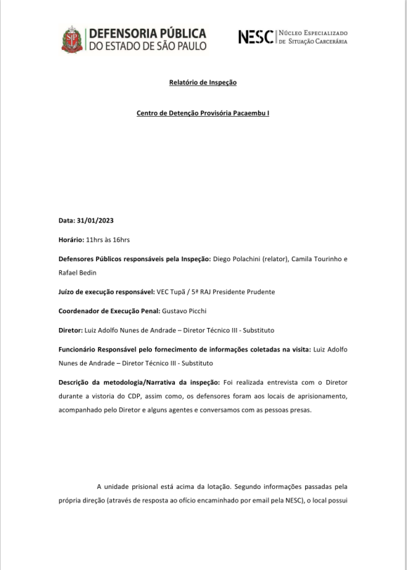 Capa do relatório de inspeção do  Centro de Detenção Provisória de Pacaembu I, realizado em 31/3/2023