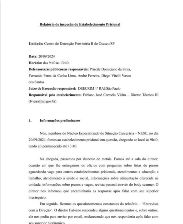 Relatório de inspeção na unidade prisional CDP 2 Osasco de 20 de setembro de 2024