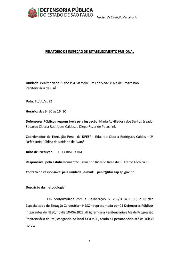 Relatório de Inspeção da Penitenciária de Itaí 10/06/2022