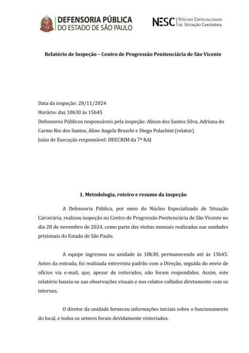 Capa de relatório de inspeção da Defensoria Pública de SP, referente ao Centro de Progressão Penitenciária de São Vicente, datado de 28/11/2025 e com equipe responsável.