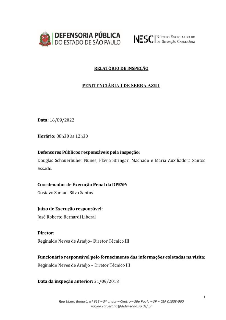 Relatório de Inspeção - Penitenciária de Serra Azul I - Tarjado - Inspeção de 16/09/2022