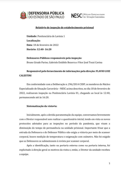 Relatório de Inspeção da Penitenciária de Lavínia I - Inspeção dia 18/02/2022
