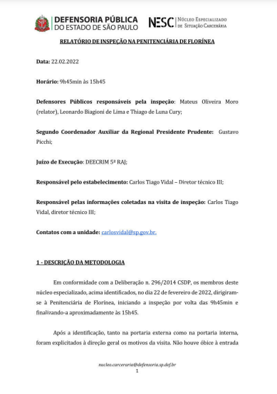 Relatório de Inspeção - Penitenciária de Florínea - Inspeção dia 22/02/2022.