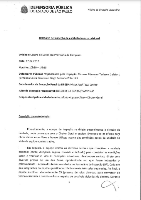 Relatório de Inspeção do Centro de Detenção Provisória de Campinas - Inspeção dia 17/02/2017