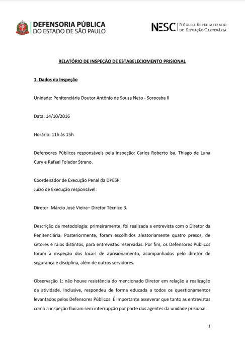 Relatório de Inspeção do Penitenciária de Sorocaba II - datado de 14/10/2016 - Tarjado