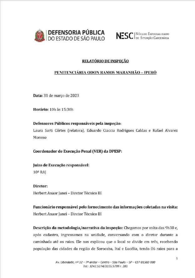 Relatório de Inspeção - Penitenciária de Iperó - Dia 31/03/2023