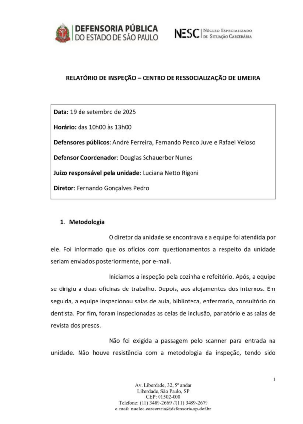 ocumento oficial da Defensoria Pública do Estado de São Paulo, com o logotipo da instituição no canto superior esquerdo e o logotipo do NESC (Núcleo Especializado de Situação Carcerária) à direita. Título: “Relatório de Inspeção – Centro de Ressocialização de Limeira”, datado de 19/09/2025.