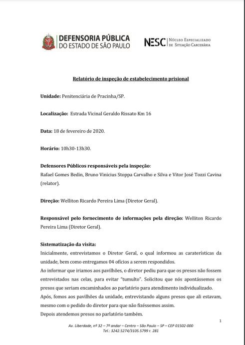 Relatório de Inspeção do Penitenciária de Pracinha - datado de 18/02/2020