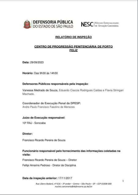Relatório de Inspeção, relativo ao Centro de Progressão Penitenciária de Porto Feliz - 29/09/2023