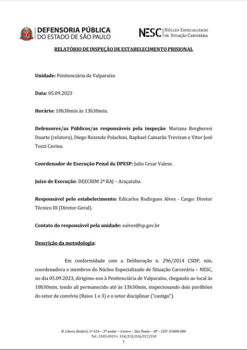 Relatório de Inspeção - Penitenciária de Valparaíso - Inspeção dia 05/09/2023