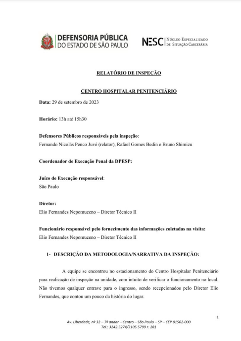 Relatório de Inspeção - Centro Hospitalar Penitenciário - 29/09/2023
