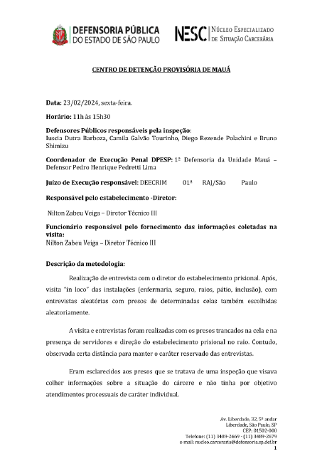 Relatório de Inspeção - CDP de Mauá - Datado de 23/02/2024
