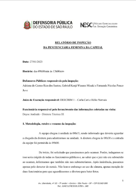 Relatório de Inspeção da Penitenciária Feminina da Capital, datado de 27/01/2023
